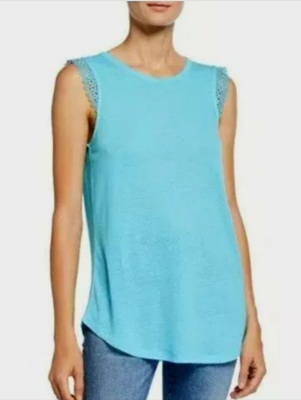 Michael Kors Lace Trim Cap Sleeve Linen Blend Tee Sz Lg